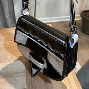 Stylish Black and White Women's Leather & Fur Crossbody Bag Stamped Made in Colo